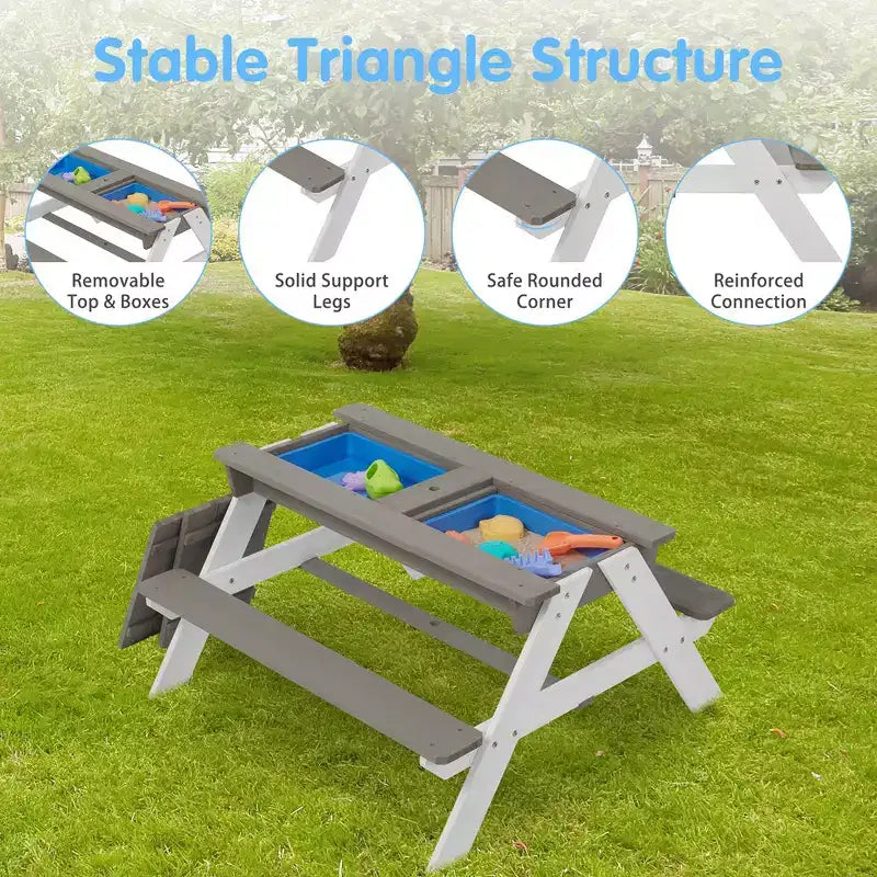 Tavolo da picnic 3 in 1 per bambini, tavolo da attività e pranzo in legno per esterni con ombrellone pieghevole regolabile, tavolo da picnic per bambini e bambine per campeggio all'aperto
