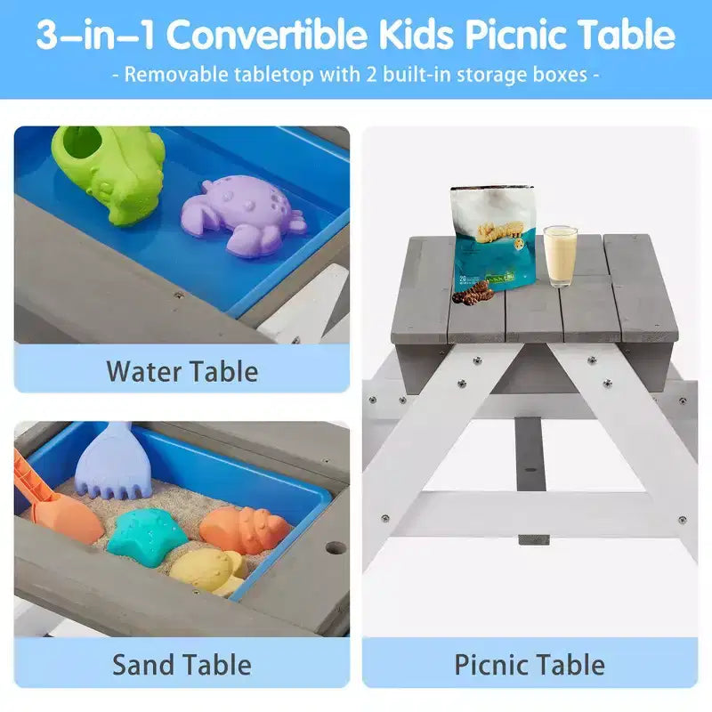 Tavolo da picnic 3 in 1 per bambini, tavolo da attività e pranzo in legno per esterni con ombrellone pieghevole regolabile, tavolo da picnic per bambini e bambine per campeggio all'aperto