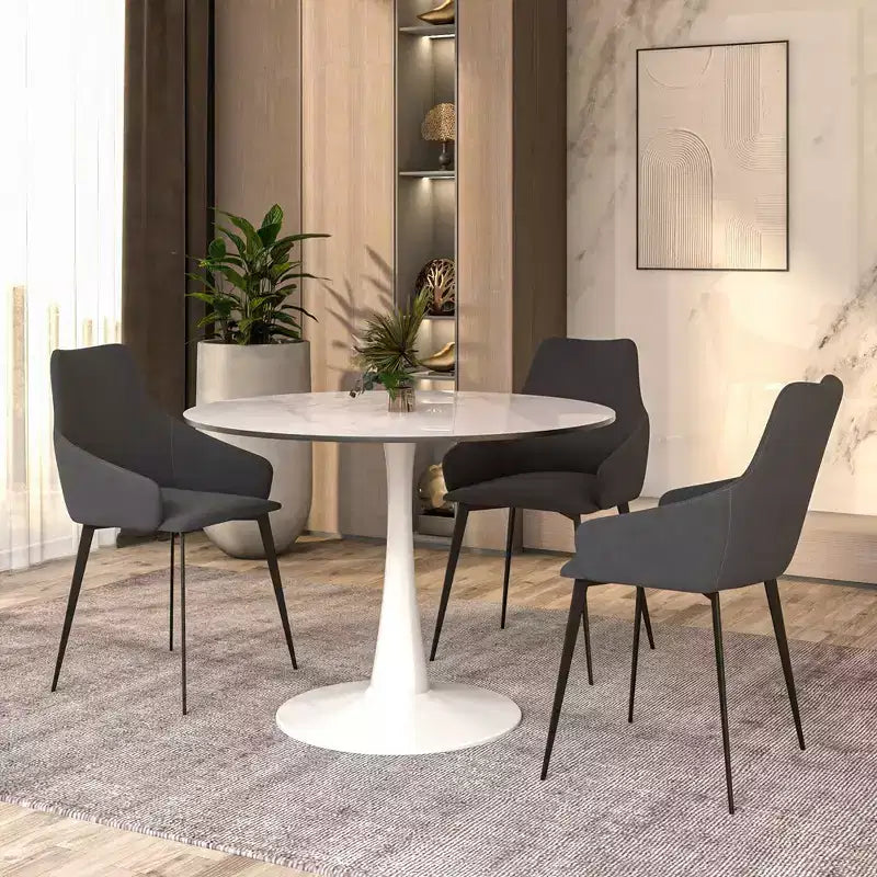 LeisureMod Bristol Tavolo da pranzo rotondo da 40 - Top in pietra sinterizzata, Tavolino da caffè e robusta base a piedistallo in acciaio bianco per cucina e piccoli spazi
