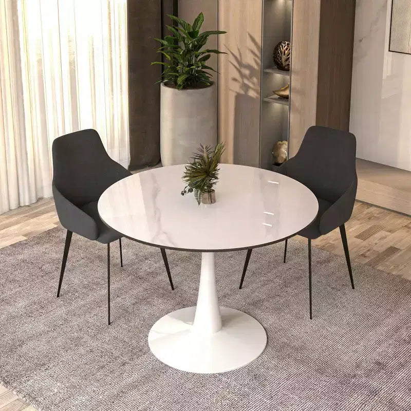 LeisureMod Bristol Tavolo da pranzo rotondo da 40 - Top in pietra sinterizzata, Tavolino da caffè e robusta base a piedistallo in acciaio bianco per cucina e piccoli spazi