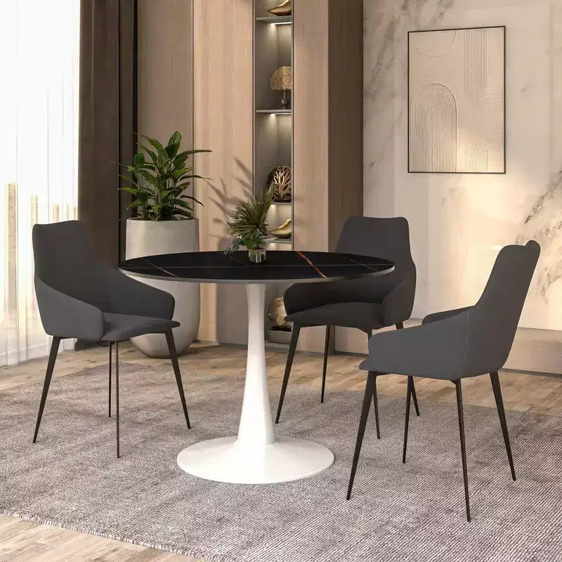 LeisureMod Bristol Tavolo da pranzo rotondo da 40 - Top in pietra sinterizzata, Tavolino da caffè e robusta base a piedistallo in acciaio bianco per cucina e piccoli spazi