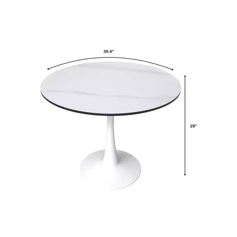 LeisureMod Bristol Tavolo da pranzo rotondo da 40 - Top in pietra sinterizzata, Tavolino da caffè e robusta base a piedistallo in acciaio bianco per cucina e piccoli spazi