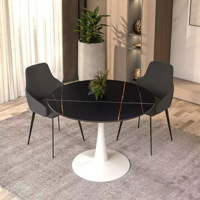 LeisureMod Bristol Tavolo da pranzo rotondo da 40 - Top in pietra sinterizzata, Tavolino da caffè e robusta base a piedistallo in acciaio bianco per cucina e piccoli spazi