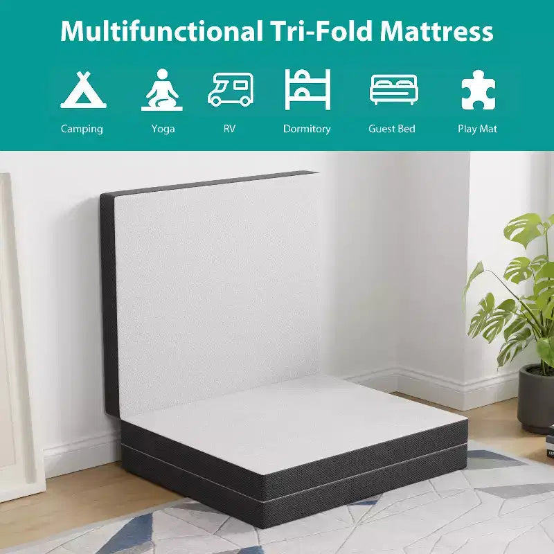 FDW Materasso Pieghevole da 4 pollici, Materassino in Memory Foam a Tre Pieghe, Topper Portatile Pieghevole con Coprimaterasso Lavabile per Campeggio