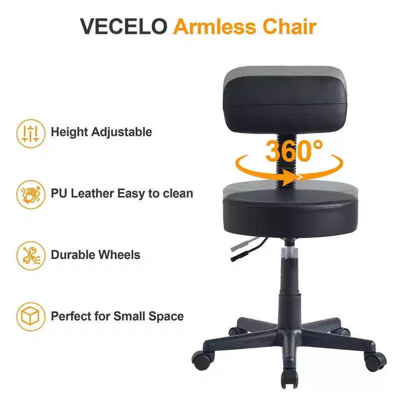 Sgabello senza braccioli VECELO con rotelle e schienale per garage, officina, banco da lavoro, salone