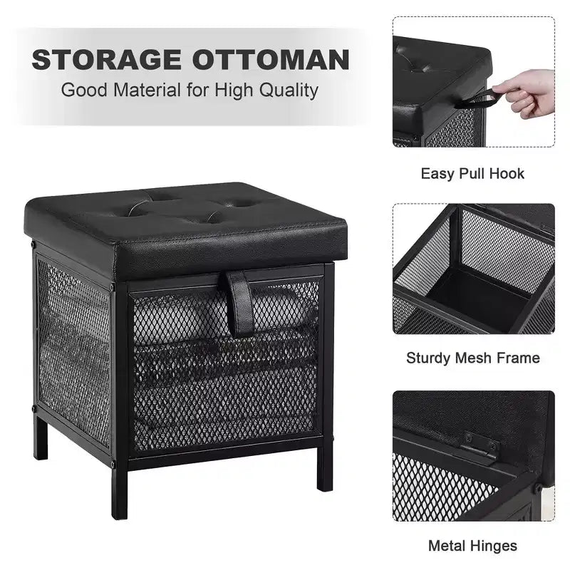 VECELO Pouf Contenitore, Poggiapiedi Sgabello Ottomano, Pouf Cubo Piccolo Quadrato H 35 cm, Nero