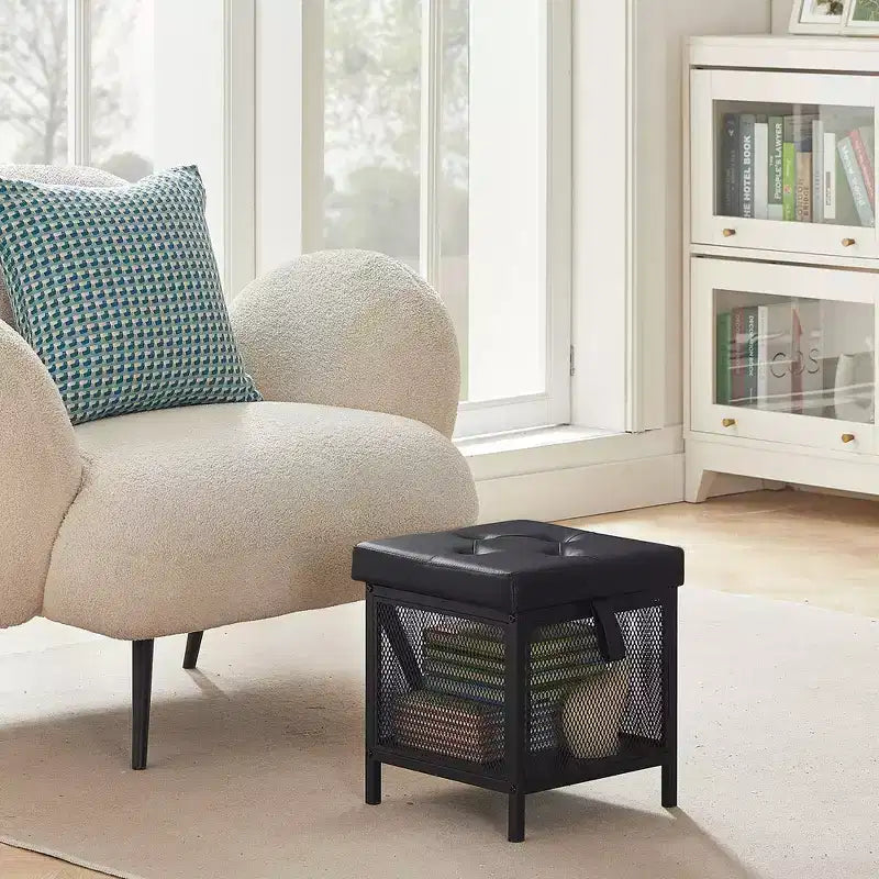 VECELO Pouf Contenitore, Poggiapiedi Sgabello Ottomano, Pouf Cubo Piccolo Quadrato H 35 cm, Nero