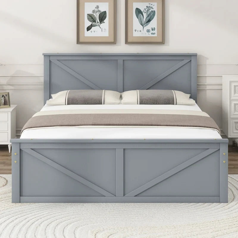 Letto a piattaforma Queen con 4 cassetti contenitore e testiera in legno – Grigio, per 2 persone