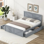 Letto a piattaforma Queen con 4 cassetti contenitore e testiera in legno – Grigio, per 2 persone