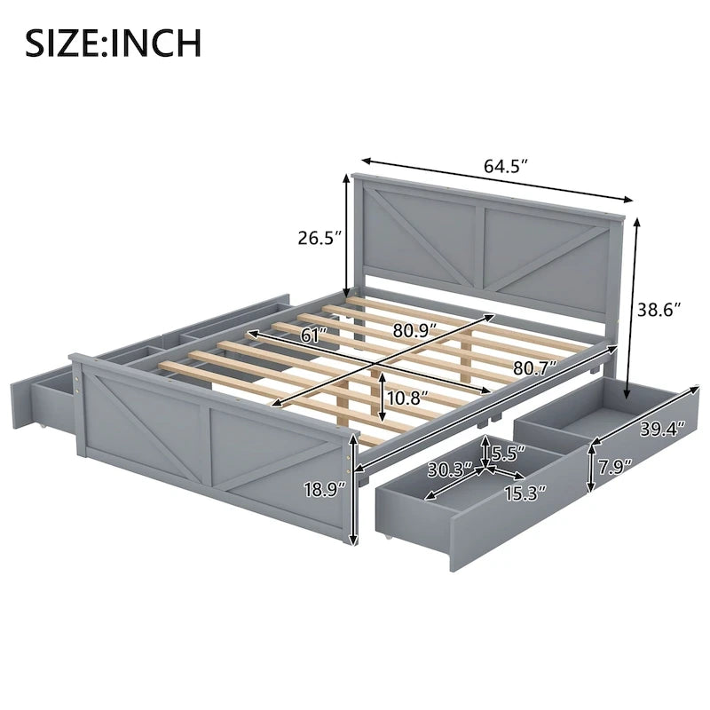 Letto a piattaforma Queen con 4 cassetti contenitore e testiera in legno – Grigio, per 2 persone
