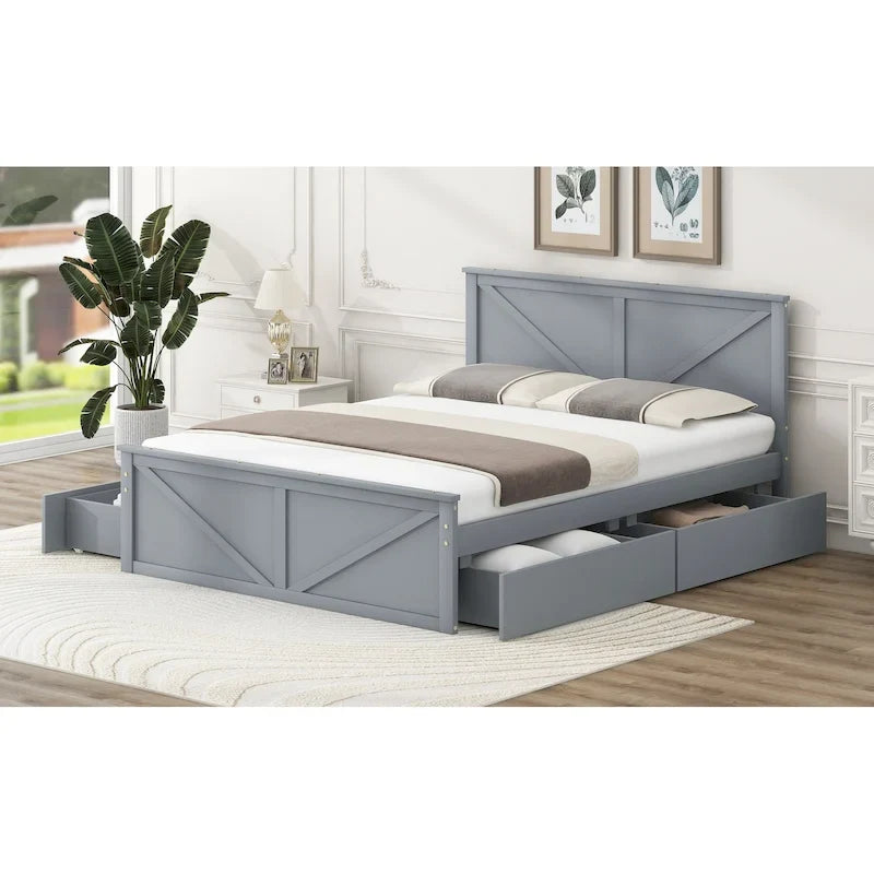 Letto a piattaforma Queen con 4 cassetti contenitore e testiera in legno – Grigio, per 2 persone