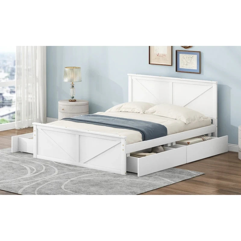 Letto a piattaforma Queen con 4 cassetti contenitore e testiera in legno – Grigio, per 2 persone