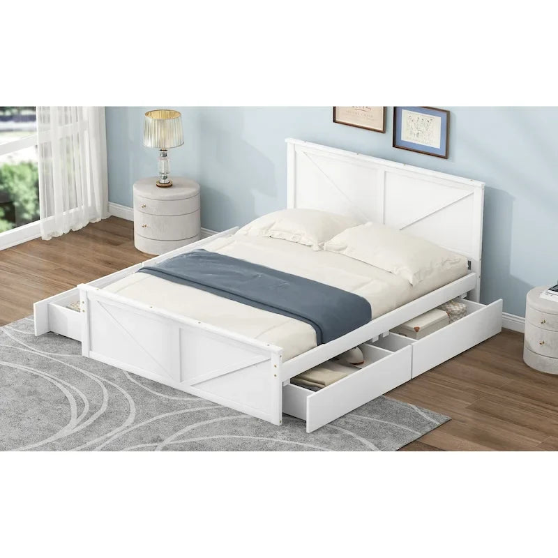 Letto a piattaforma Queen con 4 cassetti contenitore e testiera in legno – Grigio, per 2 persone