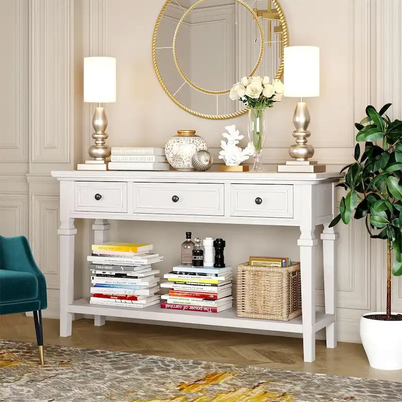 Consolle retrò con 3 cassetti e ripiano inferiore – Grigio slavato / Bianco anticato / Espresso / Blu navy, Singolo