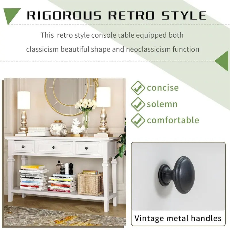 Consolle retrò con 3 cassetti e ripiano inferiore – Grigio slavato / Bianco anticato / Espresso / Blu navy, Singolo
