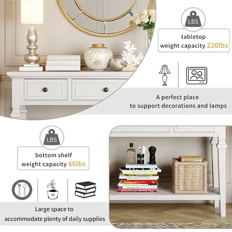Consolle retrò con 3 cassetti e ripiano inferiore – Grigio slavato / Bianco anticato / Espresso / Blu navy, Singolo
