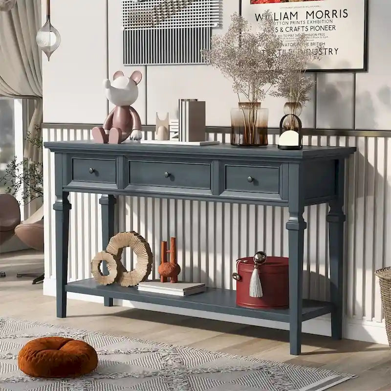 Consolle retrò con 3 cassetti e ripiano inferiore – Grigio slavato / Bianco anticato / Espresso / Blu navy, Singolo