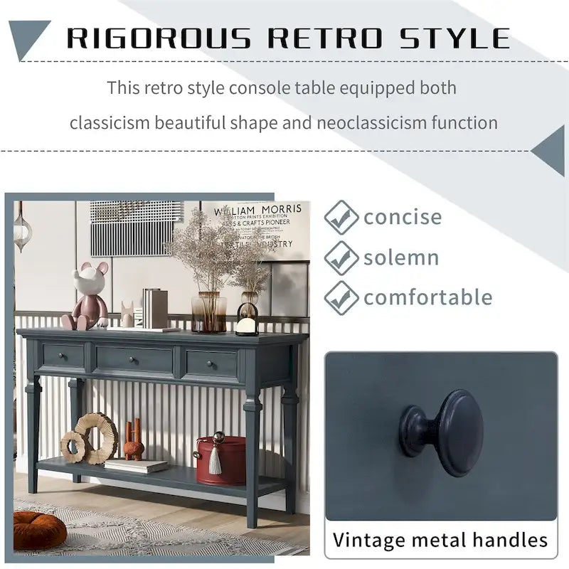 Consolle retrò con 3 cassetti e ripiano inferiore – Grigio slavato / Bianco anticato / Espresso / Blu navy, Singolo