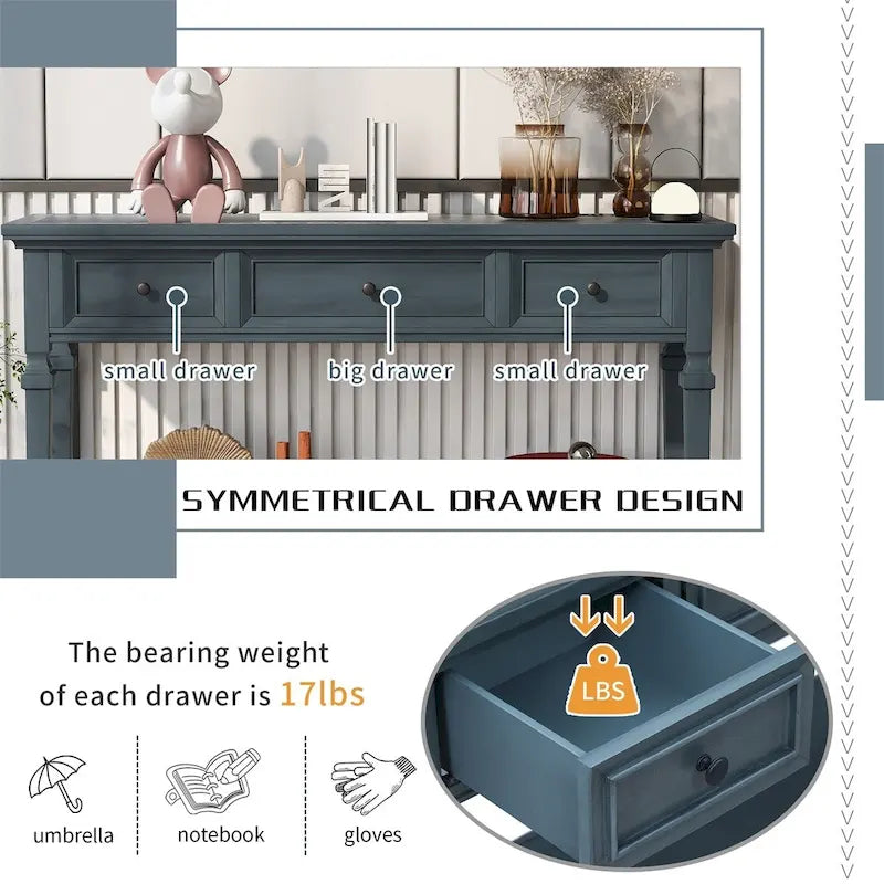 Consolle retrò con 3 cassetti e ripiano inferiore – Grigio slavato / Bianco anticato / Espresso / Blu navy, Singolo
