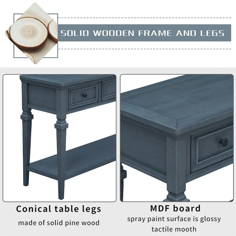 Consolle retrò con 3 cassetti e ripiano inferiore – Grigio slavato / Bianco anticato / Espresso / Blu navy, Singolo