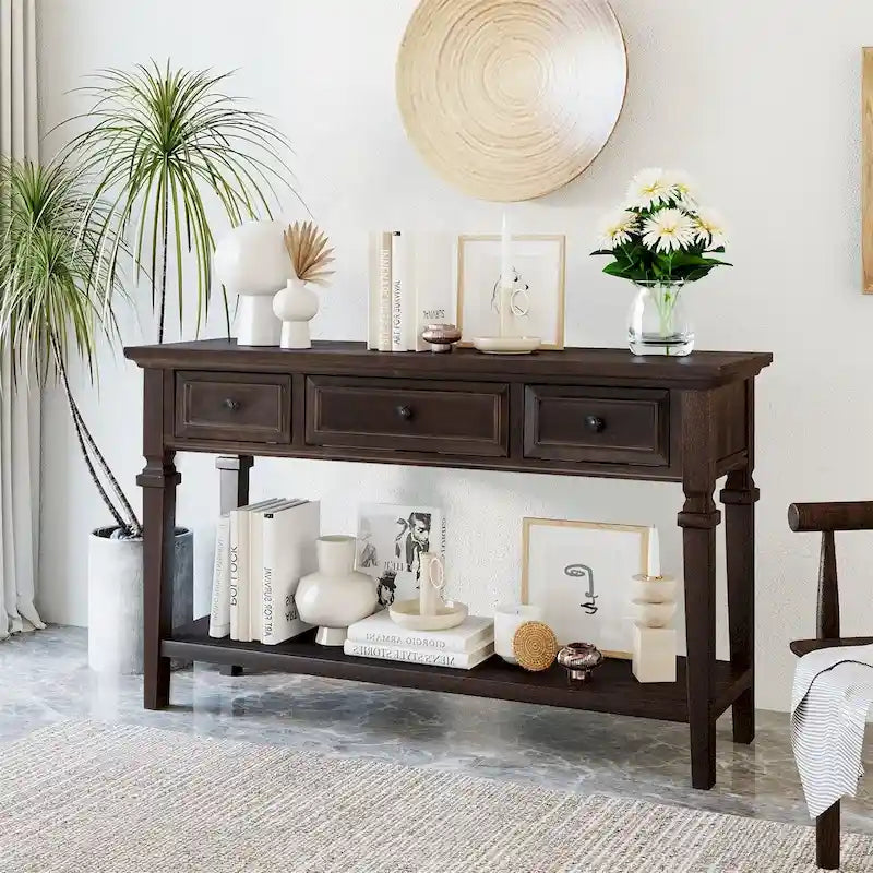 Consolle retrò con 3 cassetti e ripiano inferiore – Grigio slavato / Bianco anticato / Espresso / Blu navy, Singolo