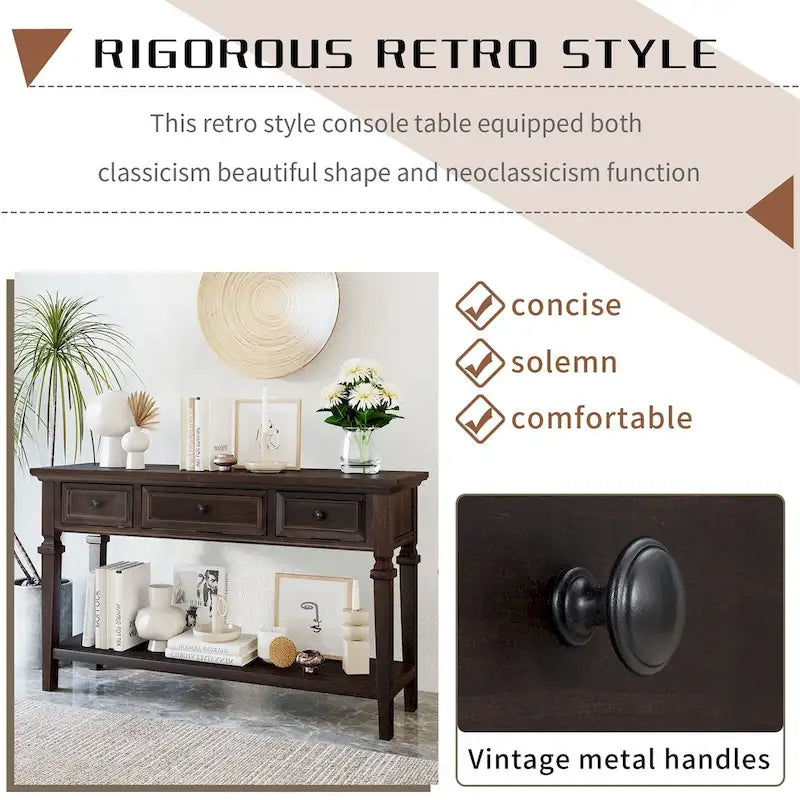 Consolle retrò con 3 cassetti e ripiano inferiore – Grigio slavato / Bianco anticato / Espresso / Blu navy, Singolo