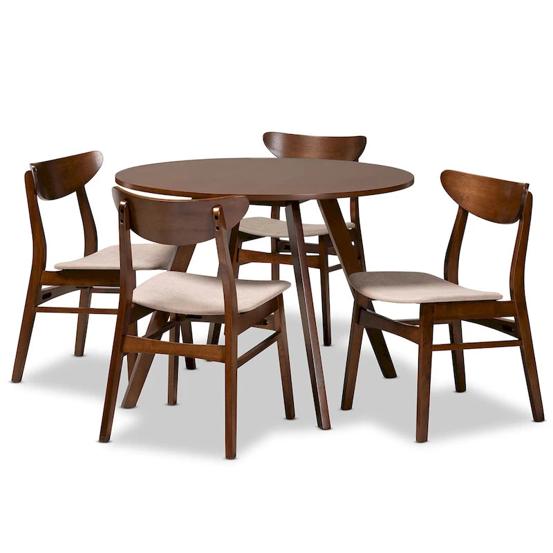 Set pranzo in legno massello con gambe a mezzaluna, 4 sedie e panca – Naturale / Grigio, 6 posti a sedere