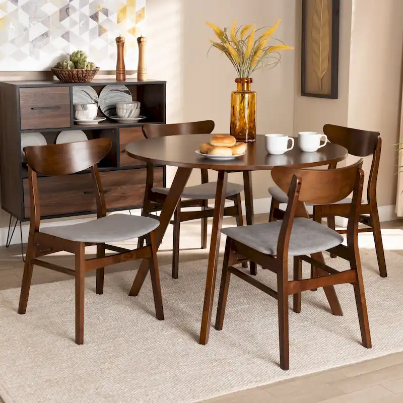Set pranzo in legno massello con gambe a mezzaluna, 4 sedie e panca – Naturale / Grigio, 6 posti a sedere