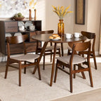 Set pranzo in legno massello con gambe a mezzaluna, 4 sedie e panca – Naturale / Grigio, 6 posti a sedere