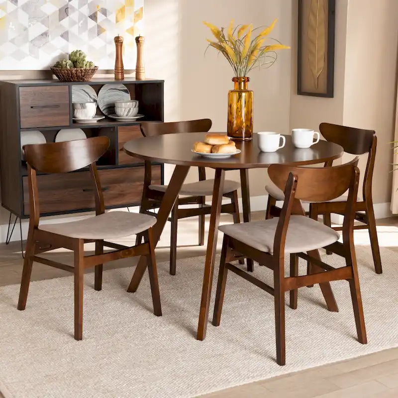 Set pranzo in legno massello con gambe a mezzaluna, 4 sedie e panca – Naturale / Grigio, 6 posti a sedere