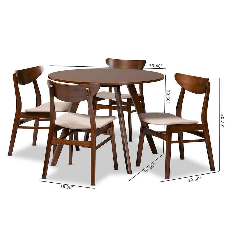 Set pranzo in legno massello con gambe a mezzaluna, 4 sedie e panca – Naturale / Grigio, 6 posti a sedere