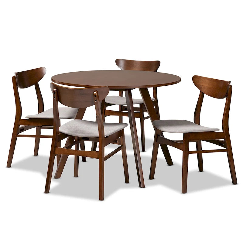 Set pranzo in legno massello con gambe a mezzaluna, 4 sedie e panca – Naturale / Grigio, 6 posti a sedere
