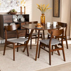 Set pranzo in legno massello con gambe a mezzaluna, 4 sedie e panca – Naturale / Grigio, 6 posti a sedere
