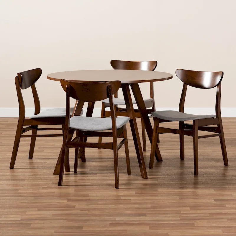 Set pranzo in legno massello con gambe a mezzaluna, 4 sedie e panca – Naturale / Grigio, 6 posti a sedere