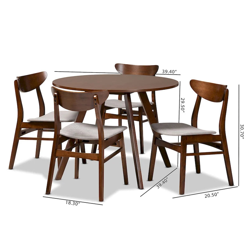 Set pranzo in legno massello con gambe a mezzaluna, 4 sedie e panca – Naturale / Grigio, 6 posti a sedere