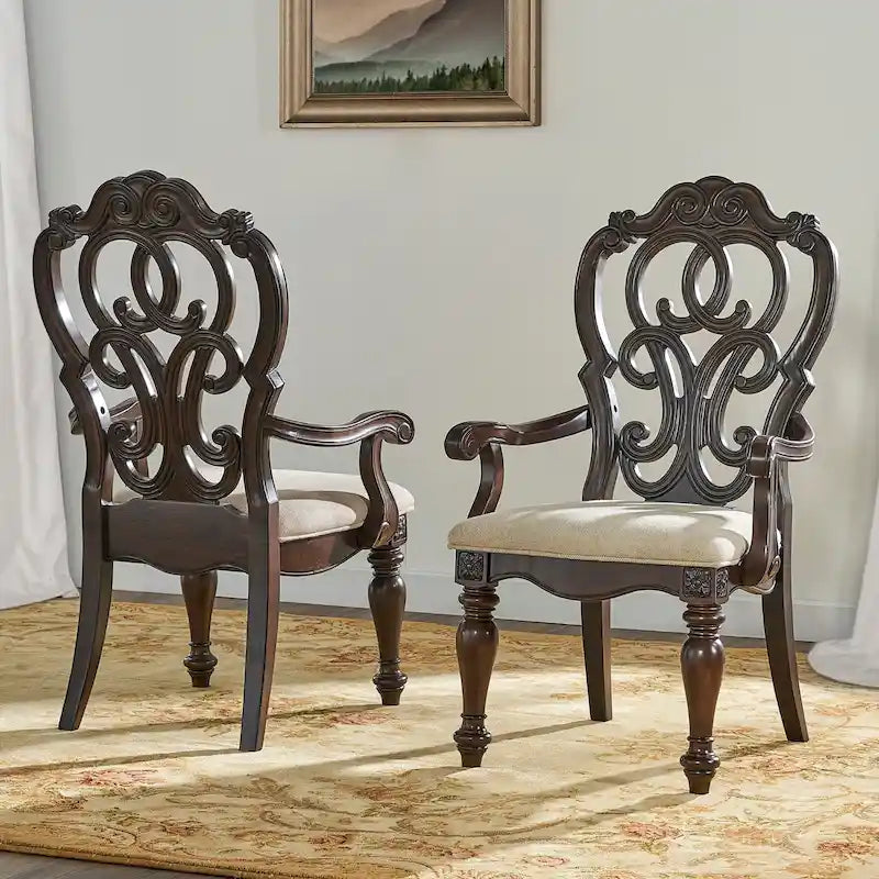 Sala da pranzo tradizionale in legno massello con tavolo a doppio piedistallo e sedie intagliate – Noce Pecan, fino a 10 posti a sedere