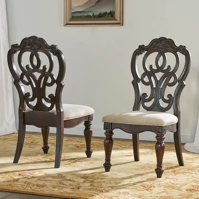 Sala da pranzo tradizionale in legno massello con tavolo a doppio piedistallo e sedie intagliate – Noce Pecan, fino a 10 posti a sedere