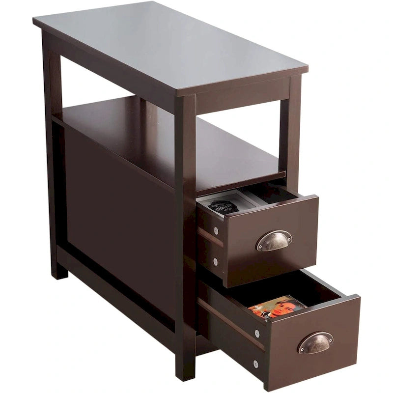Tavolino laterale rustico stretto con 2 cassetti e ripiano aperto - Nero, singolo