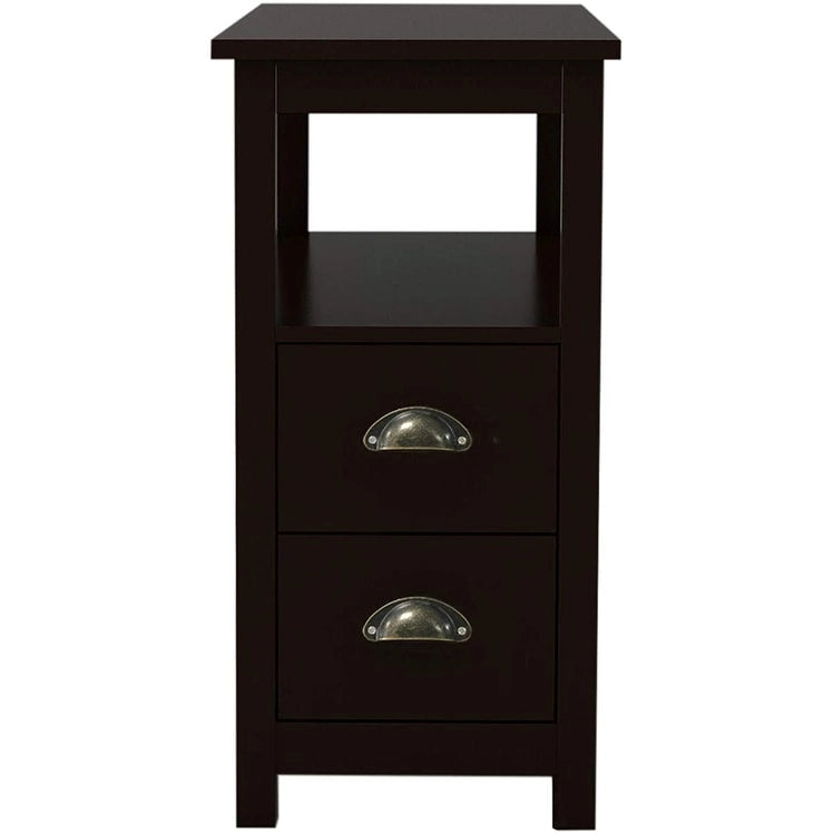 Tavolino laterale rustico stretto con 2 cassetti e ripiano aperto - Nero, singolo