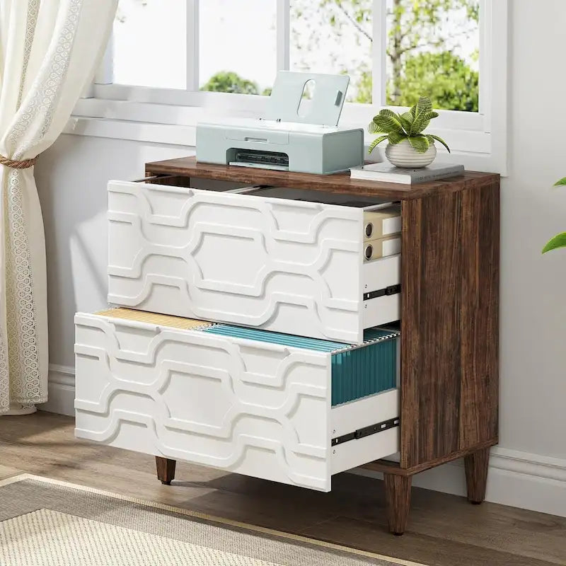 Classificatore laterale a 2 cassetti con piano per stampante e aste appendiabiti regolabili – Bianco/Grigio / Bianco/Marrone / Bianco, Singolo