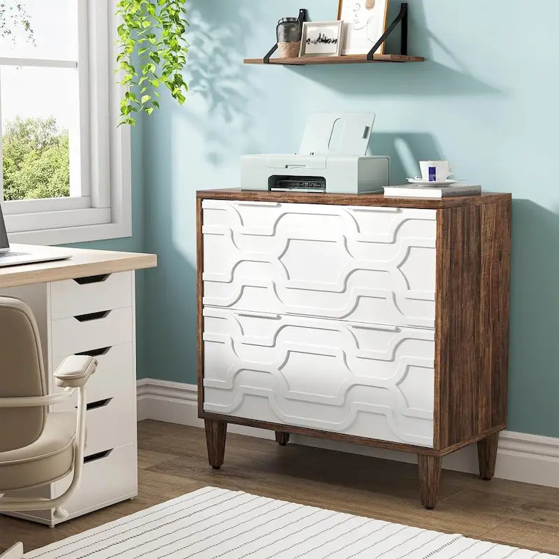Classificatore laterale a 2 cassetti con piano per stampante e aste appendiabiti regolabili – Bianco/Grigio / Bianco/Marrone / Bianco, Singolo