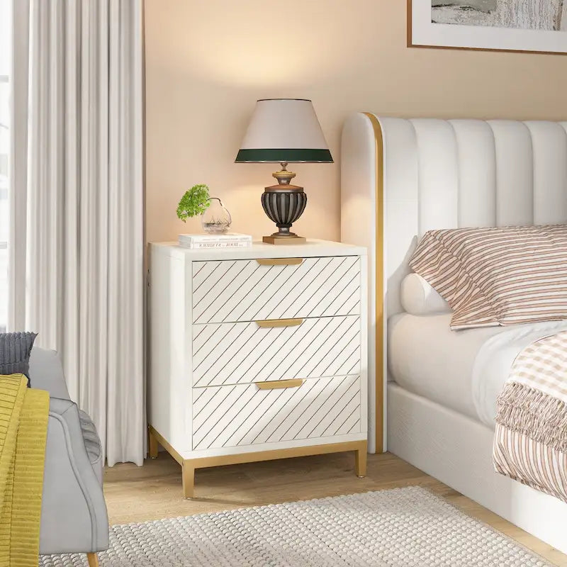 Comodino Moderno a 3 Cassetti con Struttura in Metallo – Bianco/Oro / Biancastro / Marrone/Nero, Singolo