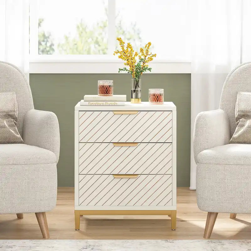 Comodino Moderno a 3 Cassetti con Struttura in Metallo – Bianco/Oro / Biancastro / Marrone/Nero, Singolo