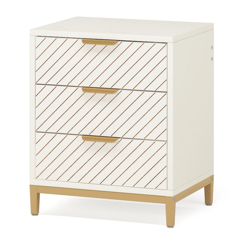 Comodino Moderno a 3 Cassetti con Struttura in Metallo – Bianco/Oro / Biancastro / Marrone/Nero, Singolo