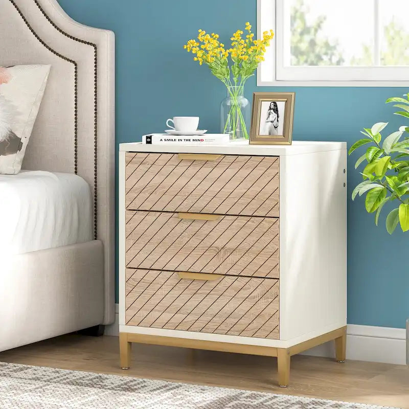 Comodino Moderno a 3 Cassetti con Struttura in Metallo – Bianco/Oro / Biancastro / Marrone/Nero, Singolo