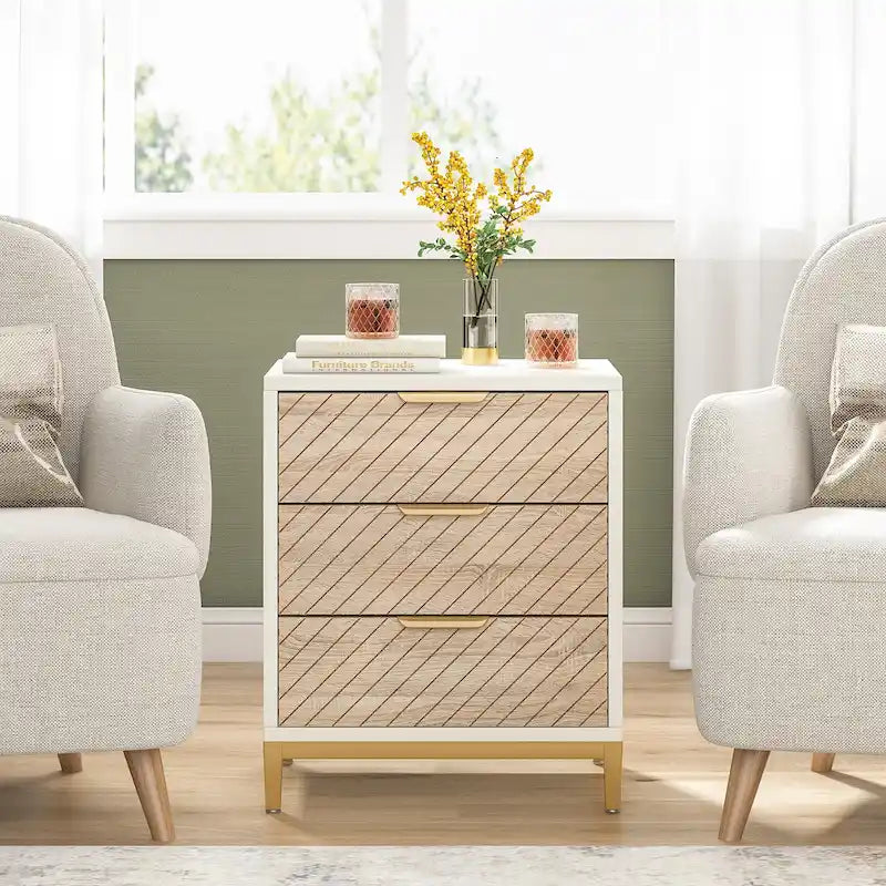 Comodino Moderno a 3 Cassetti con Struttura in Metallo – Bianco/Oro / Biancastro / Marrone/Nero, Singolo