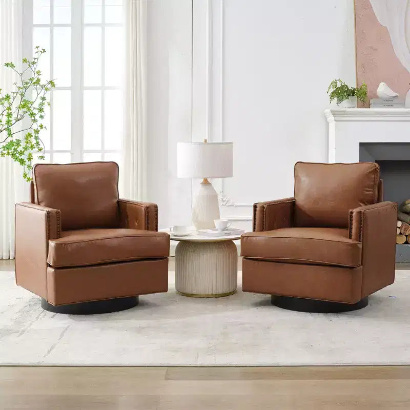 Hyleory Swivel Barrel Chair,31.9 W Modern Leather Accent Chairs Upholstered Comfy 360 Degree Swivel Club Sofa Chair for Living Room(set of 2)