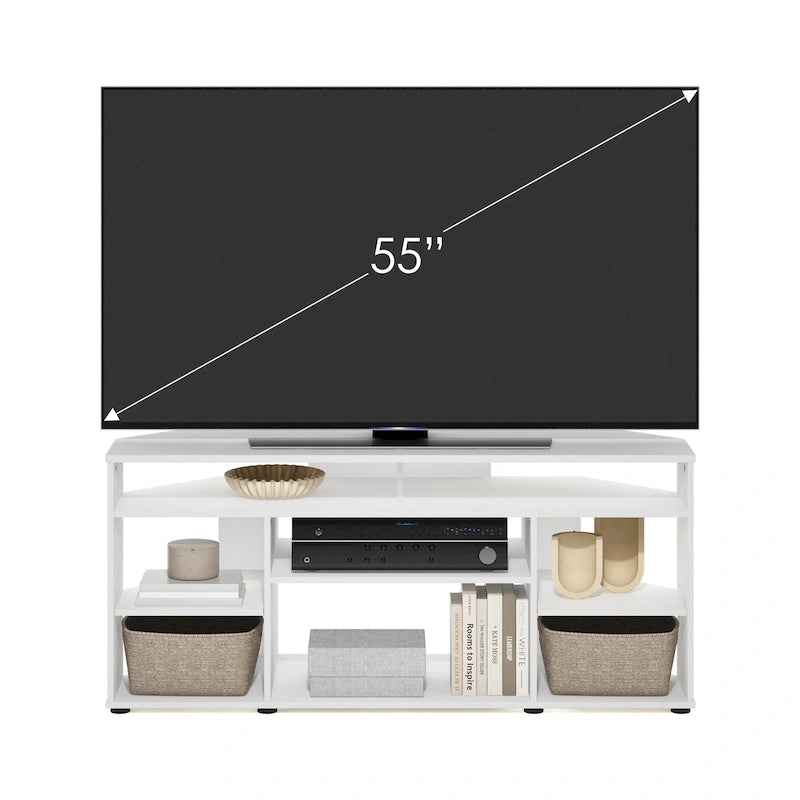 Mobile TV ad angolo con ripiani aperti a più livelli – Bianco / Pino Ambrato / Espresso, Singolo, Adatto per TV fino a 55"