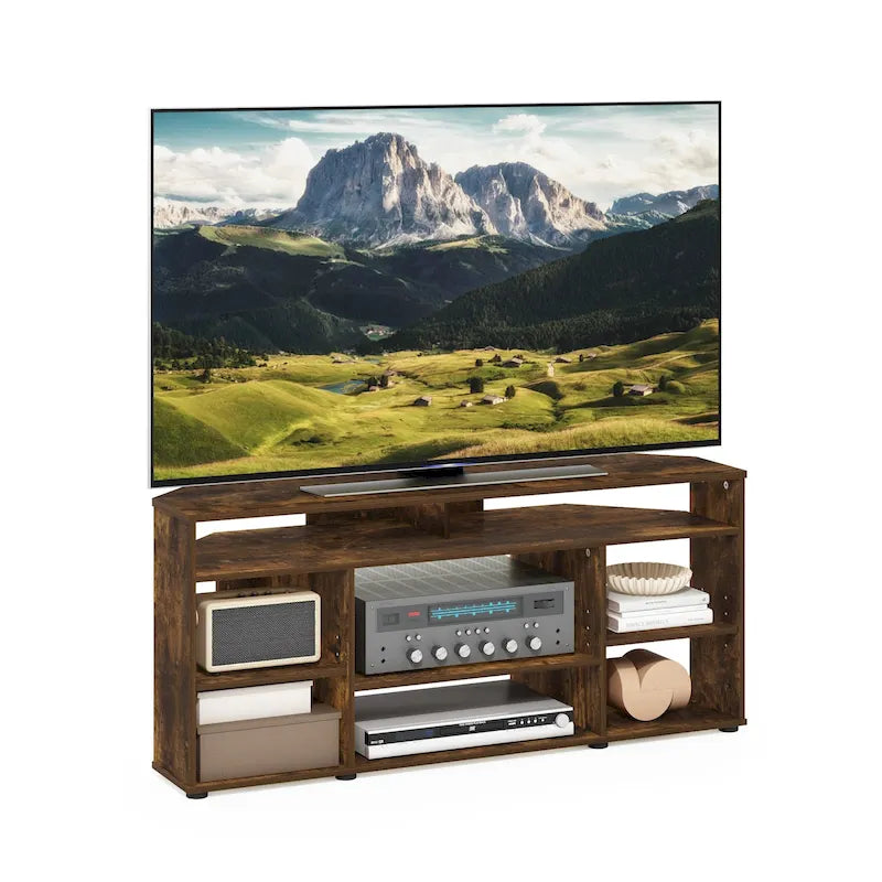 Mobile TV ad angolo con ripiani aperti a più livelli – Bianco / Pino Ambrato / Espresso, Singolo, Adatto per TV fino a 55"