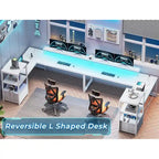 Scrivania angolare per computer con cassetto portadocumenti in tessuto, scaffali a 3 livelli, prese di corrente, luci LED e supporto per monitor – Bianco / Nero / Marrone, Singolo
